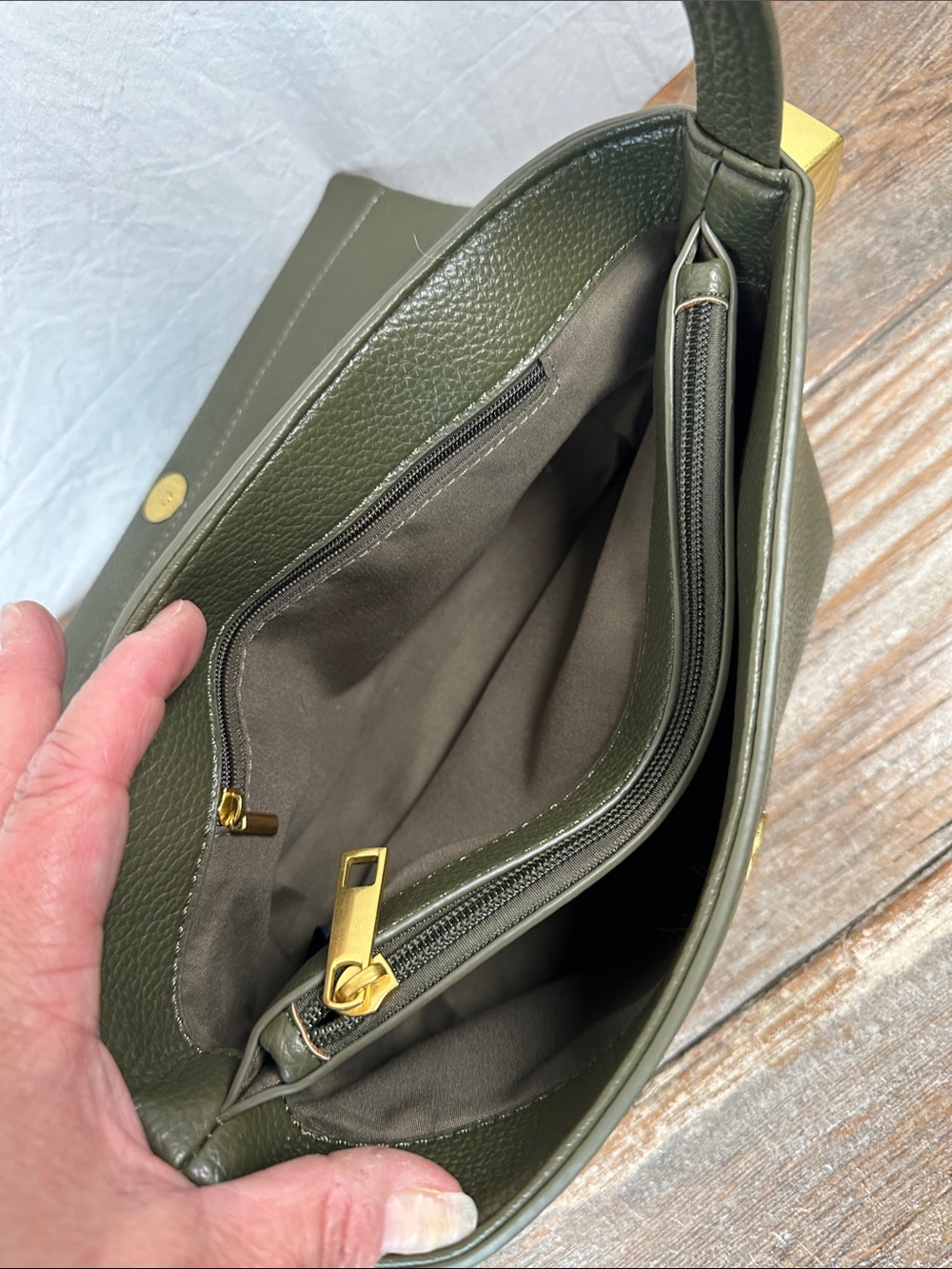Structured Olive Shoulder Bag with Gold Accent - Picture 6 of 7